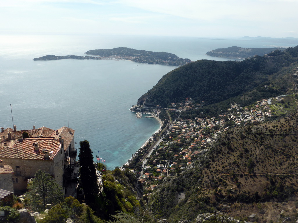 The town of Èze-sur-Mer, the Mont Boron hill and the Cap-Ferrat peninsula with the town of Saint-Jean-Cap-Ferrat, viewed from the castle ruins at the Jardin d`Èze botanical garden