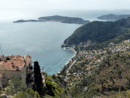 The town of Èze-sur-Mer, the Mont Boron hill and the Cap-Ferrat peninsula with the town of Saint-Jean-Cap-Ferrat, viewed from the castle ruins at the Jardin d`Èze botanical garden