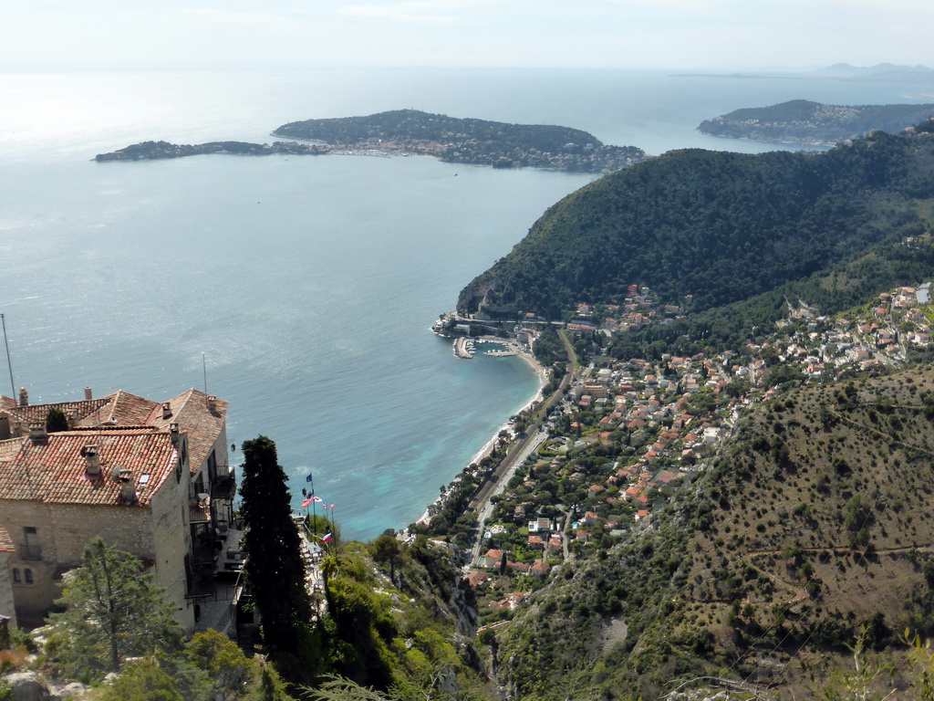 The town of Èze-sur-Mer, the Mont Boron hill and the Cap-Ferrat peninsula with the town of Saint-Jean-Cap-Ferrat, viewed from the castle ruins at the Jardin d`Èze botanical garden