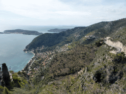 The town of Èze-sur-Mer, the Mont Boron hill, the Cap-Ferrat peninsula with the town of Saint-Jean-Cap-Ferrat and the Moyenne Corniche road, viewed from the castle ruins at the Jardin d`Èze botanical garden