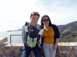 Tim, Miaomiao and Max at the castle ruins at the Jardin d`Èze botanical garden, with a view on the Cap-Ferrat peninsula and the Moyenne Corniche road