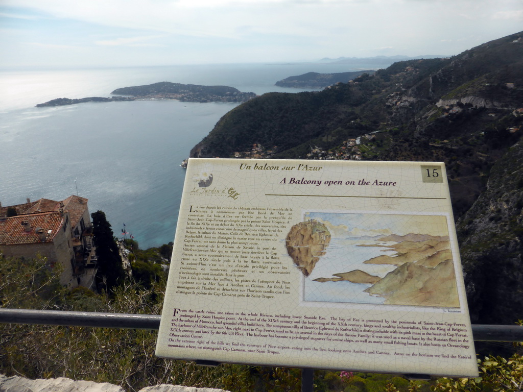 Information on the Côte d`Azur region, at the castle ruins at the Jardin d`Èze botanical garden, with a view on the town of Èze-sur-Mer, the Mont Boron hill and the Cap-Ferrat peninsula with the town of Saint-Jean-Cap-Ferrat