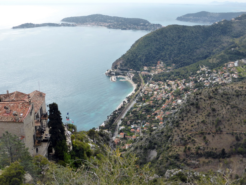 The town of Èze-sur-Mer, the Mont Boron hill and the Cap-Ferrat peninsula with the town of Saint-Jean-Cap-Ferrat, viewed from the castle ruins at the Jardin d`Èze botanical garden