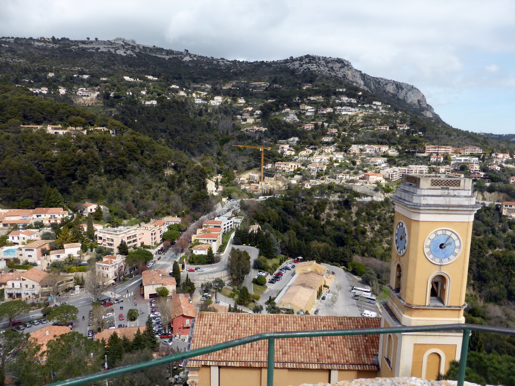 The Église Notre Dame de l`Assomption church and the north side of town, viewed from the castle ruins at the Jardin d`Èze botanical garden