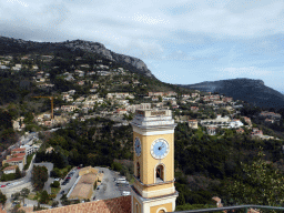 The Église Notre Dame de l`Assomption church and the north side of town, viewed from the castle ruins at the Jardin d`Èze botanical garden