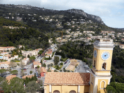 The Église Notre Dame de l`Assomption church, the Place Charles de Gaulle square and the north side of town, viewed from the castle ruins at the Jardin d`Èze botanical garden