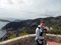Tim and Max at the path at the Jardin d`Èze botanical garden leading from the castle ruins, with a view on the town of Èze-sur-Mer, the Mont Boron hill and the Cap-Ferrat peninsula with the town of Saint-Jean-Cap-Ferrat