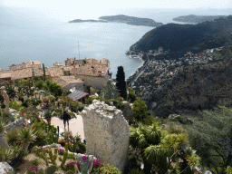 The Jardin d`Èze botanical garden, houses at the southwest side of town, the town of Èze-sur-Mer, the Mont Boron hill and the Cap-Ferrat peninsula with the town of Saint-Jean-Cap-Ferrat