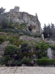 The Jardin d`Èze botanical garden and the castle ruins, viewed from the square in front of the Église Notre Dame de l`Assomption church