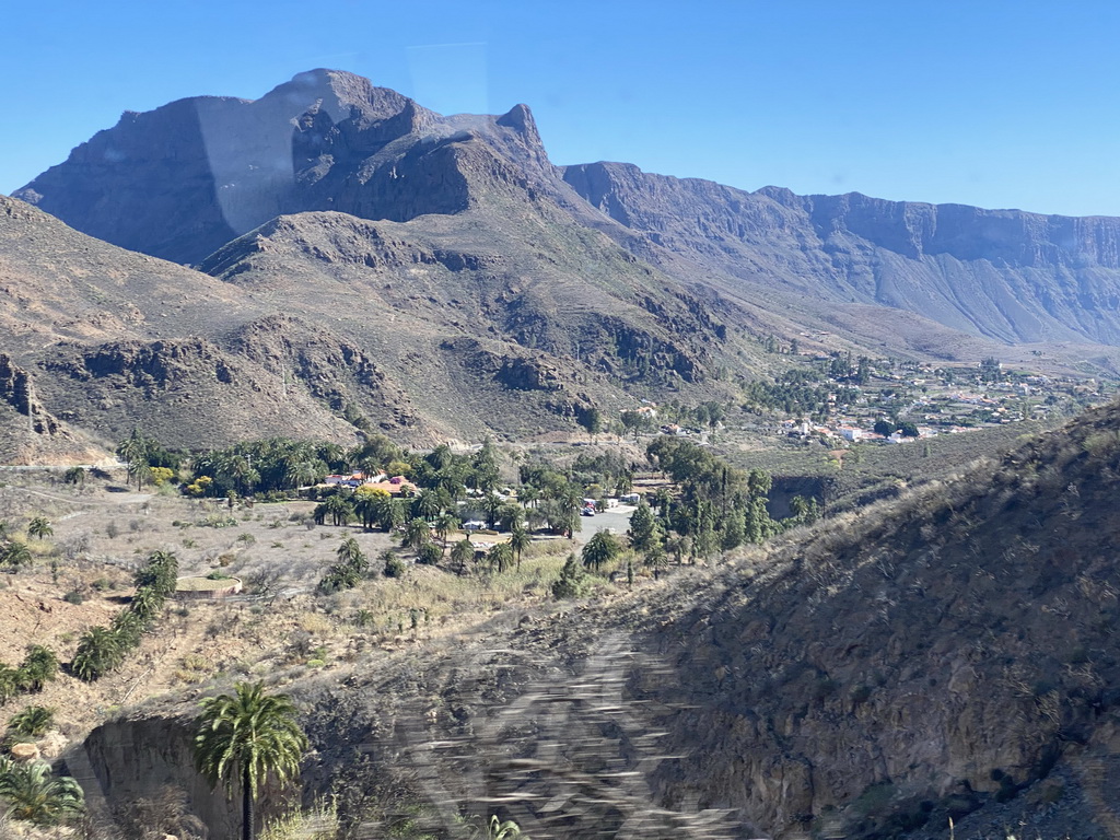 The Barranco de Fataga ravine with the town center, viewed from the tour bus on the GC-60 road