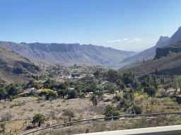 The Barranco de Fataga ravine with the town center, viewed from the tour bus on the GC-60 road