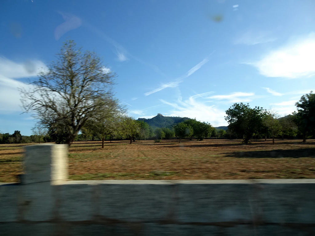 The Sanctuary of Sant Salvador, viewed from the rental car on the Ma-14 road
