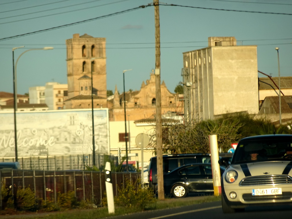 The Parish Church of Sant Miquel and its tower, viewed from the rental car on the Ma-1520 road