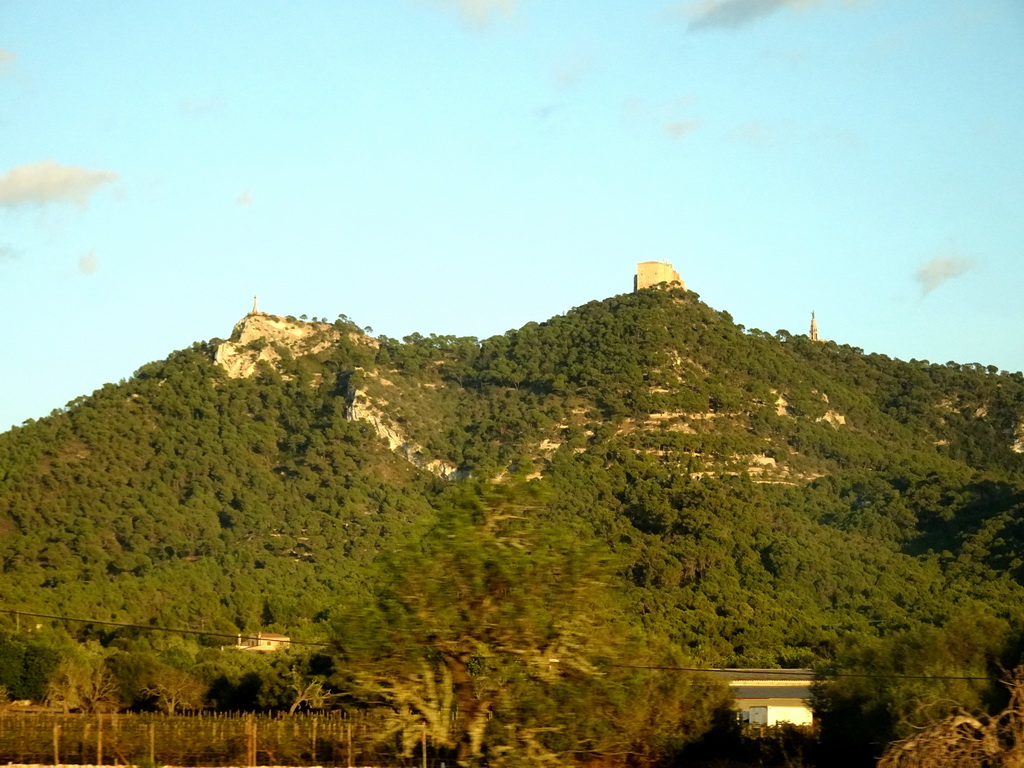 The Sanctuary of Sant Salvador, viewed from the rental car on the Ma-14 road