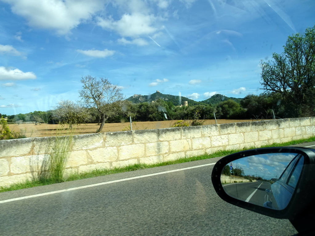 The Sanctuary of Sant Salvador, viewed from the rental car on the Ma-14 road