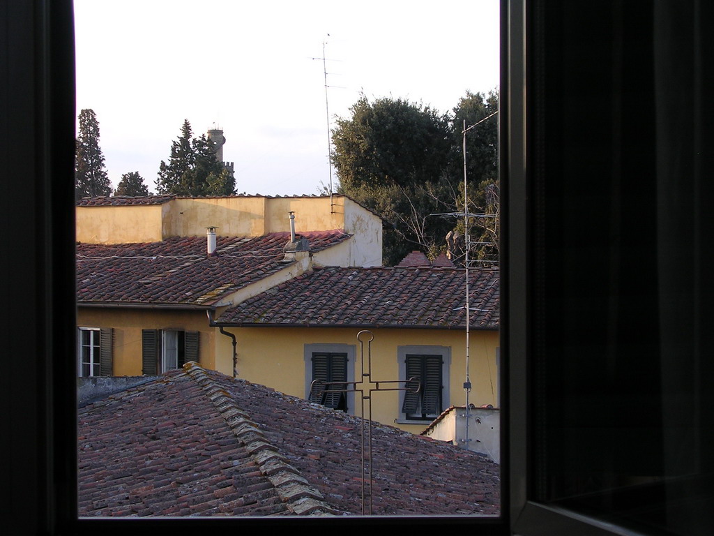 Roof of a church at the Via Romana street, the Torrigiani Tower and houses at the Via Serumido street, viewed from Miaomiao`s room at the La Chicca di Boboli hotel