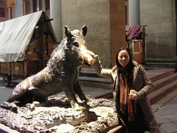 Miaomiao`s friend with the Fontana del Porcellino fountain at the Piazza del Mercato Nuovo square, by night