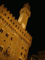 Facade of the Palazzo Vecchio palace at the Piazza della Signoria square, by night