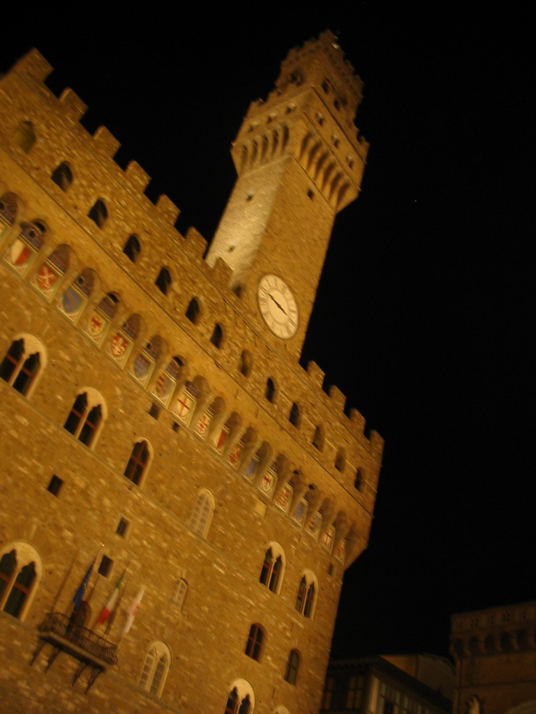 Facade of the Palazzo Vecchio palace at the Piazza della Signoria square, by night