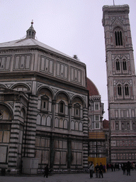 The Baptistery of St. John, the Cathedral of Santa Maria del Fiore and the Campanile di Giotto tower at the Piazza di San Giovanni square