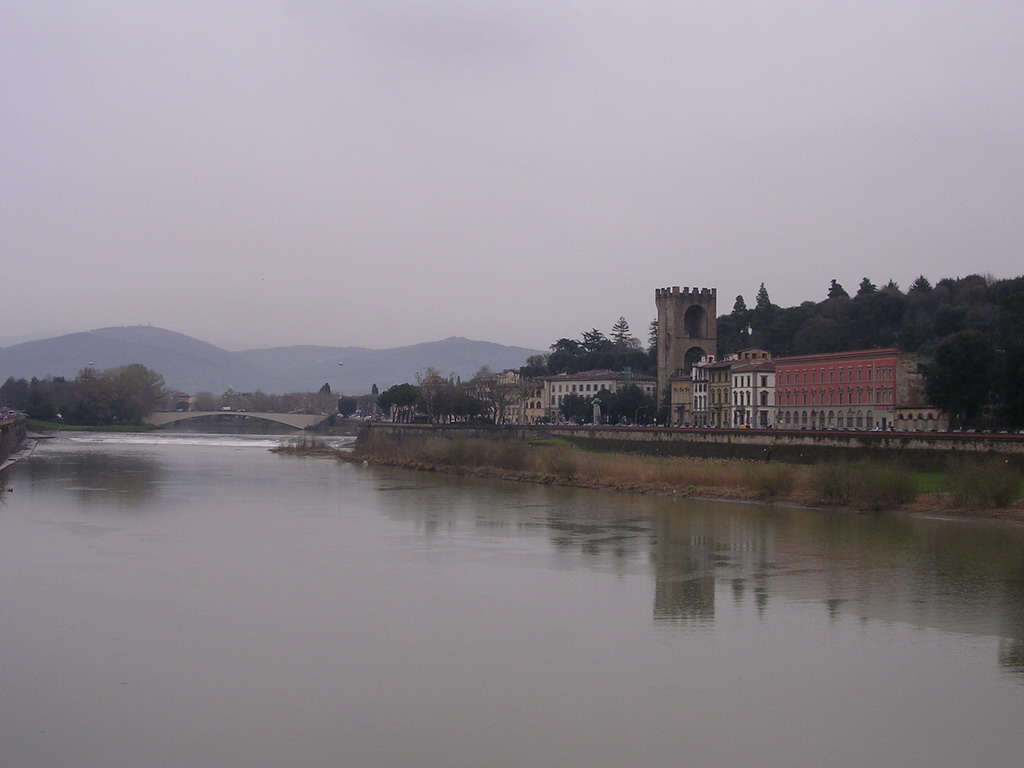 The Ponte San Niccolò bridge over the Arno river, the Terzo Giardino garden and the San Niccolò Tower, viewed from the Ponte alle Grazie bridge