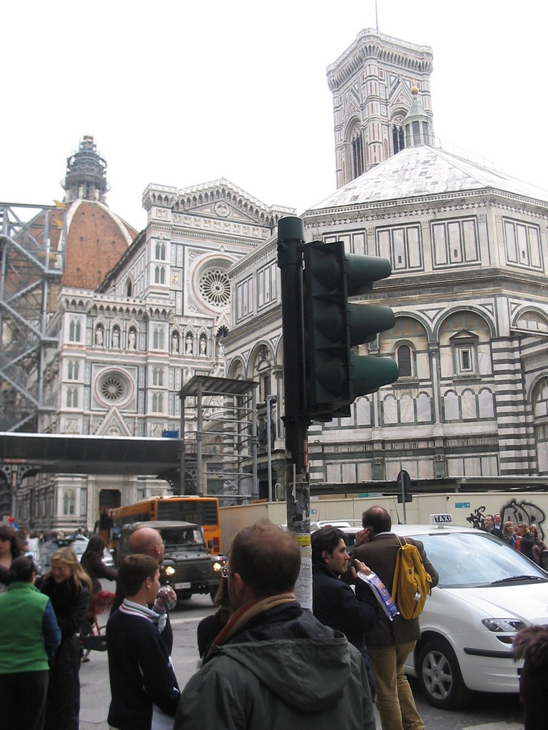 The Baptistery of St. John, the Cathedral of Santa Maria del Fiore and the Campanile di Giotto tower at the Piazza di San Giovanni square