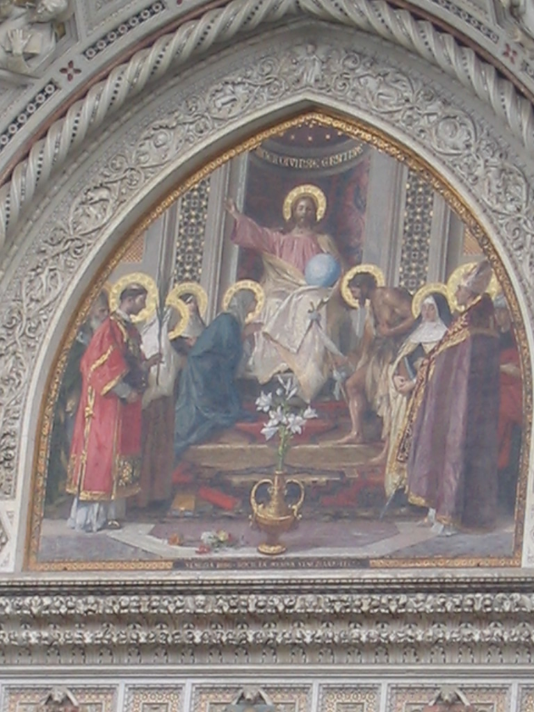 Fresco above the front gate of the Cathedral of Santa Maria del Fiore, viewed from the Piazza del Duomo square