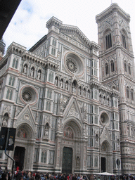 Front of the Cathedral of Santa Maria del Fiore and the Campanile di Giotto tower at the Piazza del Duomo square