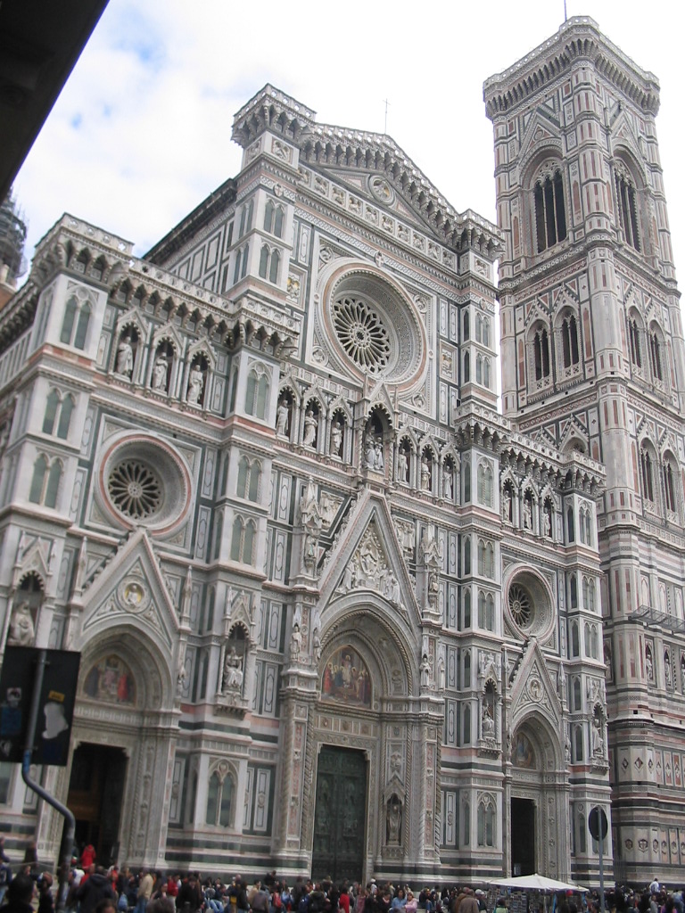 Front of the Cathedral of Santa Maria del Fiore and the Campanile di Giotto tower at the Piazza del Duomo square