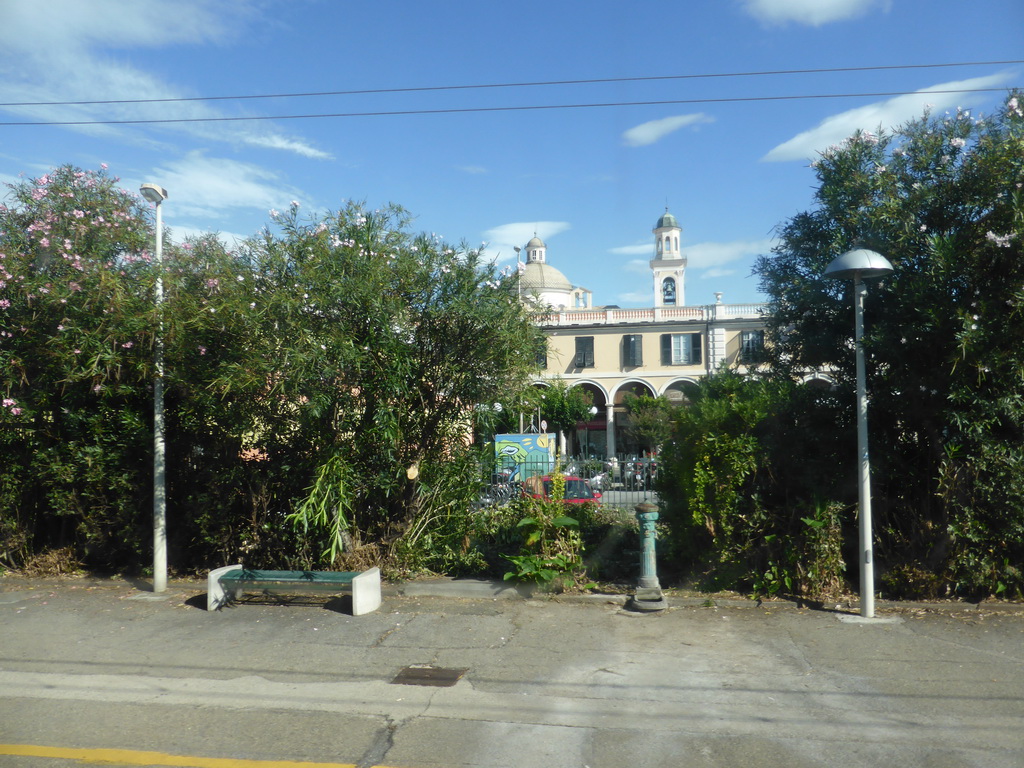 The train station of Lavagna with the Basilica of Santo Stefano, viewed from the train from Levanto