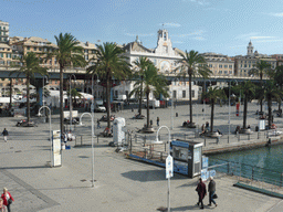 View from the entrance of the Aquarium of Genoa on the Plaza Caricamento square and the Palazzo San Giorgio palace