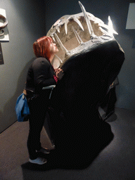 Miaomiao with a fish statue at the Aquarium of Genoa