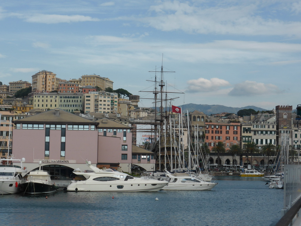 The Neptune galleon and boats in the Old Harbour, viewed from the Aquarium of Genoa