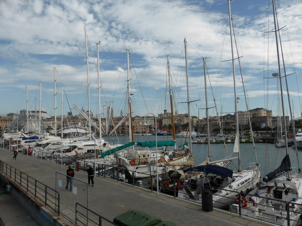 The Biosphere of Genoa and boats in the Old Harbour, viewed from the Aquarium of Genoa