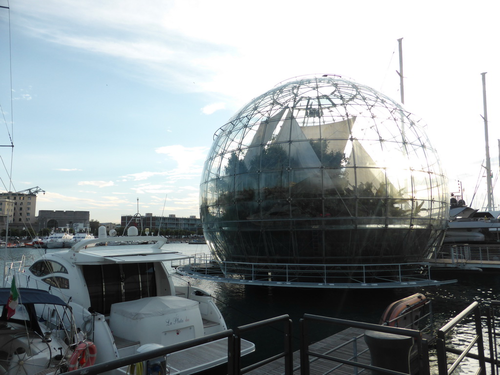 The Biosphere of Genoa and boats in the Old Harbour