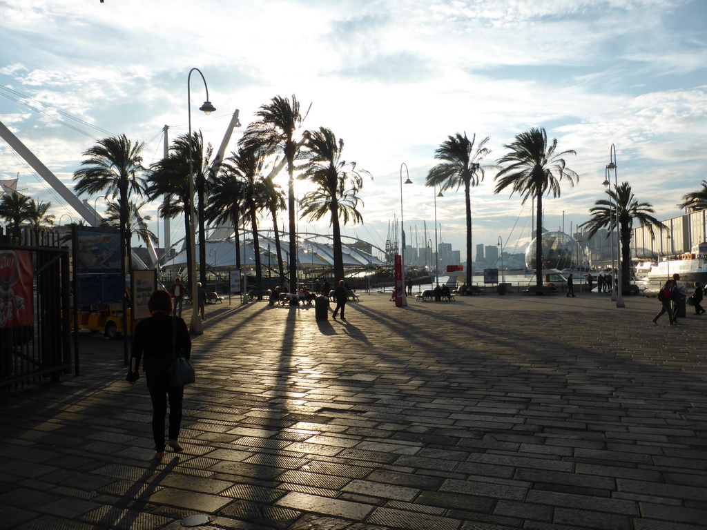 Miaomiao at the Old Harbour with the Bigo, the Piazza delle Feste square and the Biosphere of Genoa