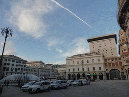 The Piazza de Ferrari square with a fountain and the Carlo Felice Opera Theatre