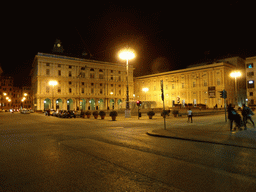 The Piazza de Ferrari square with a fountain, by night