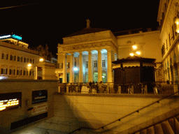 The Piazza de Ferrari square with the subway station, the equestrian statue of Giuseppe Garibaldi and the Carlo Felice Opera Theatre, by night
