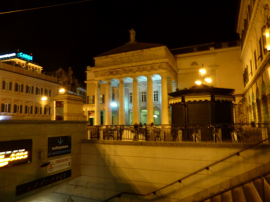 The Piazza de Ferrari square with the subway station, the equestrian statue of Giuseppe Garibaldi and the Carlo Felice Opera Theatre, by night