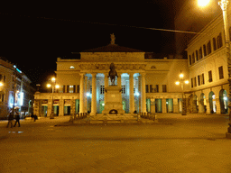 The Piazza de Ferrari square with the equestrian statue of Giuseppe Garibaldi and the Carlo Felice Opera Theatre, by night