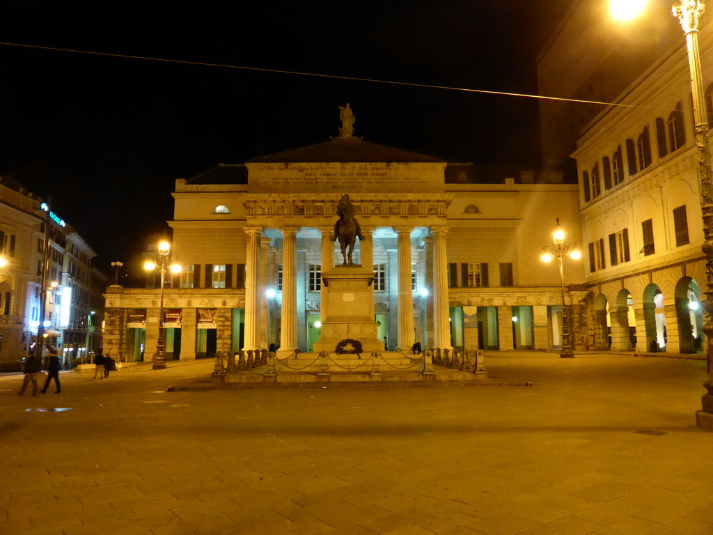 The Piazza de Ferrari square with the equestrian statue of Giuseppe Garibaldi and the Carlo Felice Opera Theatre, by night