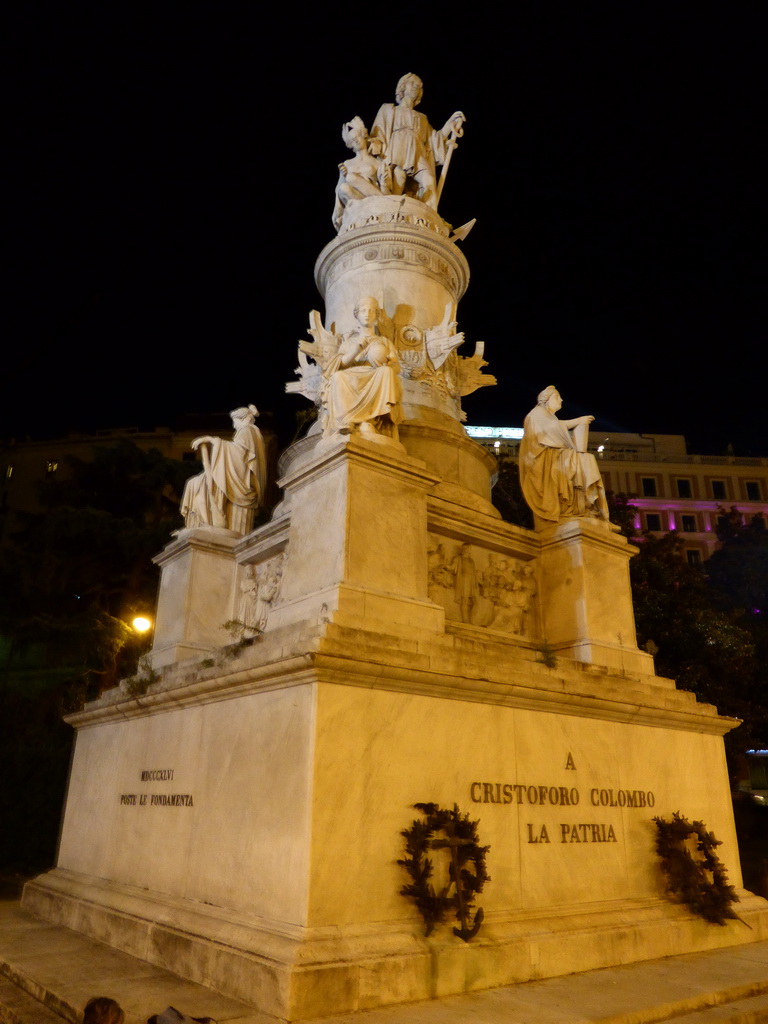 The Statue of Christopher Columbus at the Piazza Acquaverde square, by night