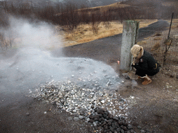 Miaomiao at a small geyser alongside the Biskupstungnabraut road