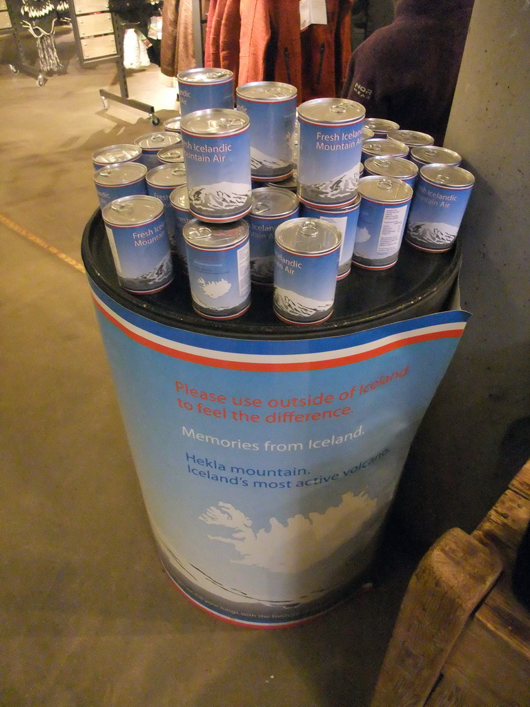 Cans with `Fresh icelandic mountain air` from the Hekla mountain, in the souvenir shop of Hotel Geysir