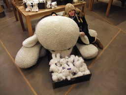 Miaomiao with a stuffed animal in the souvenir shop of Hotel Geysir