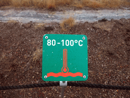Sign with the temperature of the geysers at the Geysir geothermal area