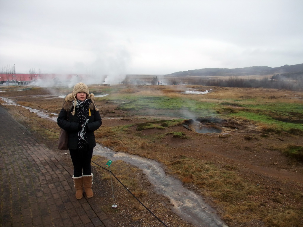 Miaomiao with the Litli Strokkur geyser at the Geysir geothermal area