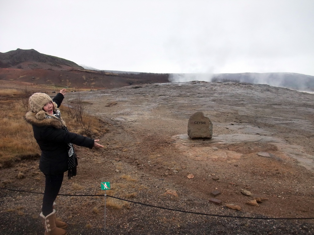 Miaomiao with the Geysir geyser at the Geysir geothermal area