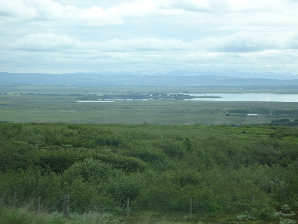 The Laugarvatn lake and mountains, viewed from the rental car on the Gjábakkavegur road